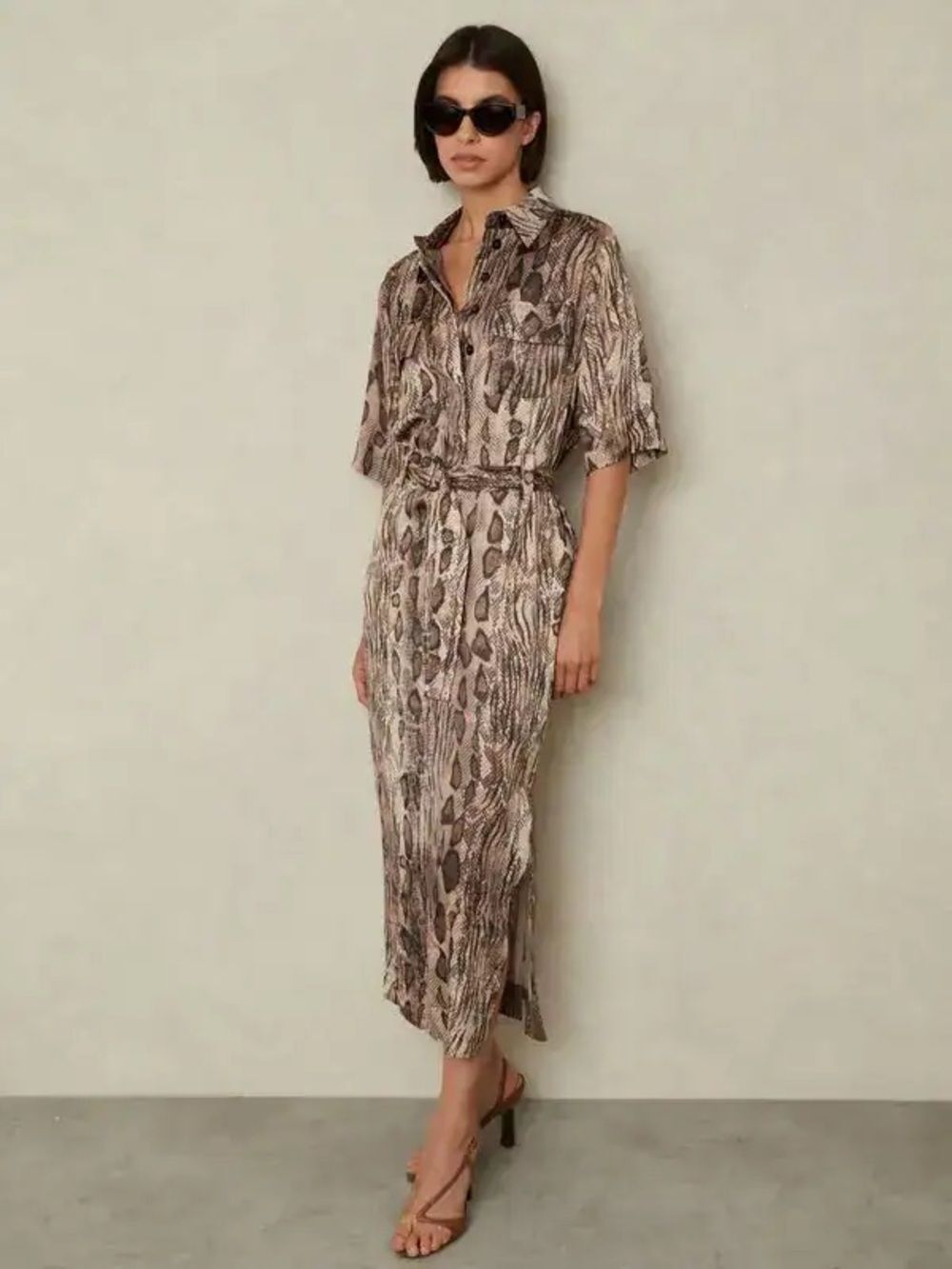 Reiss Farah Snake Printed Belted Midi Dress